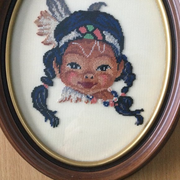 2 Vintage Framed petit point needlework embroidery wall hanging native children - Picture 6 of 7
